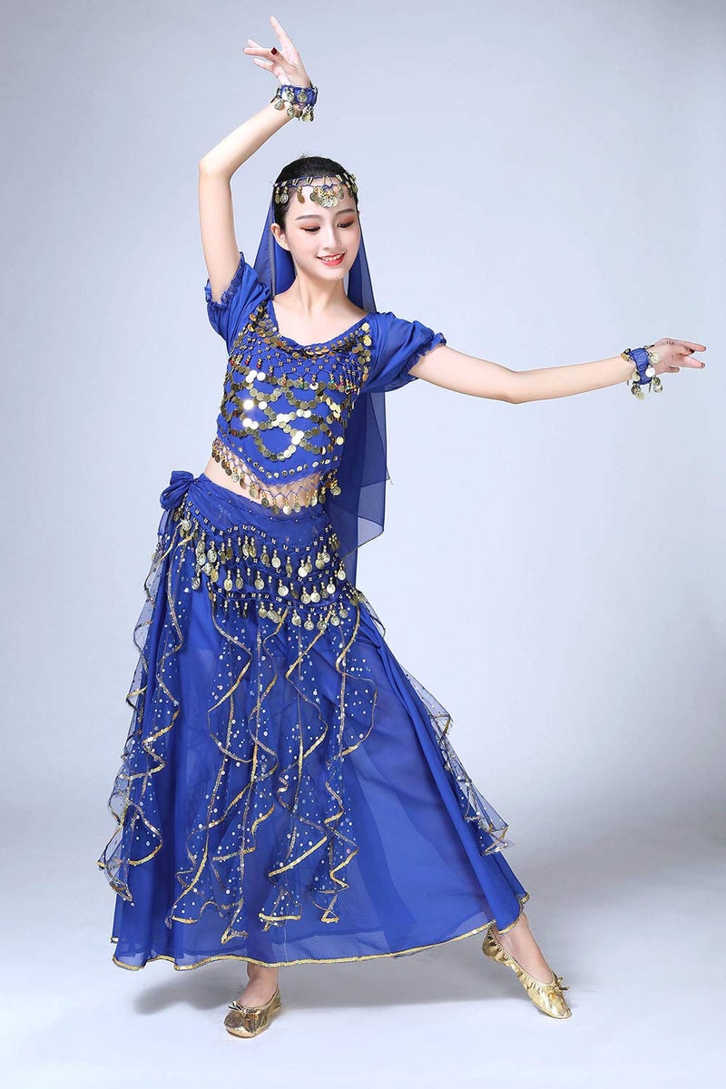 ORIDOOR Women Belly Dance Dress Indian Bollywood Halloween Costume Chiffon Skirts Shiny Belly Dance Suits 5-Piece Outfit, 004 Royal Blue, One Size - Image 4